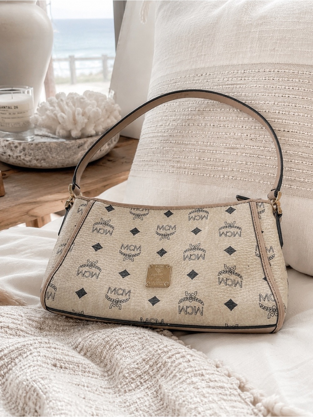 MCM Women's Beige Leather shoulder Bag Iconic Logo authentic with dustbag